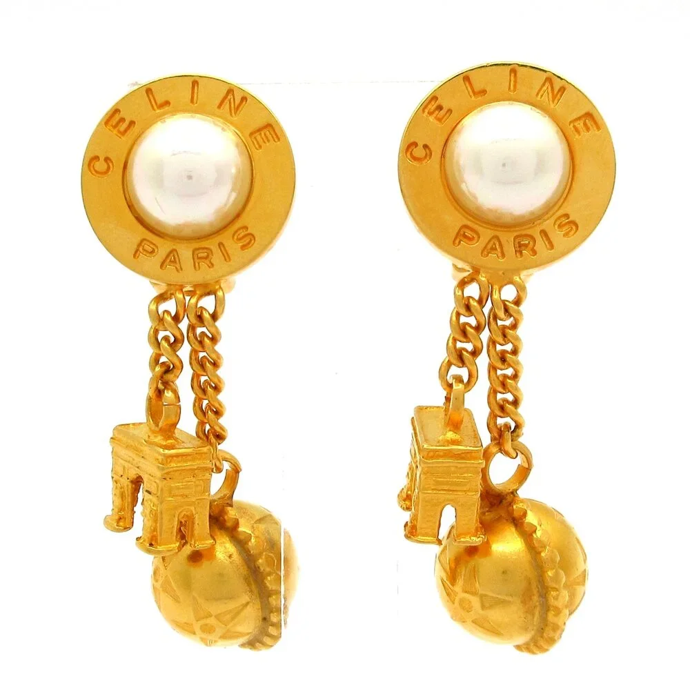 Celine Clip On Earrings Gold White Hardware Faux Pearl